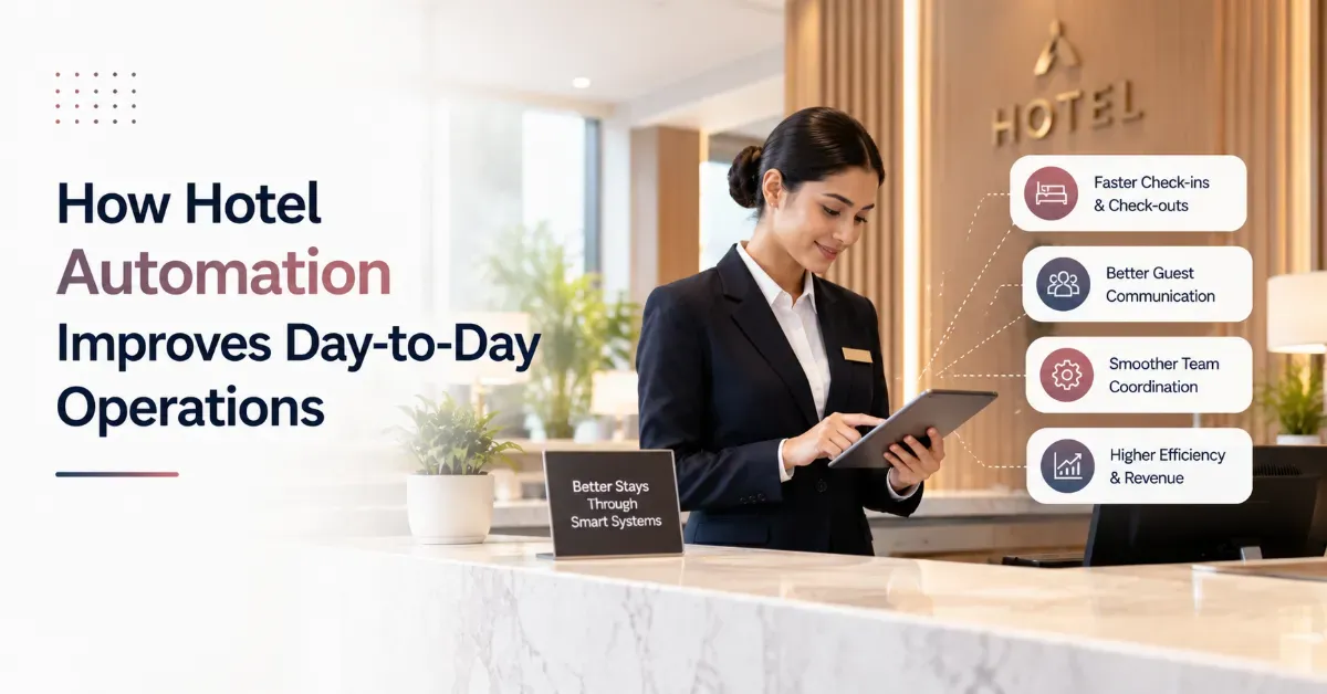 Hotel receptionist using a digital tablet to manage daily hotel operations and improve efficiency through automation.