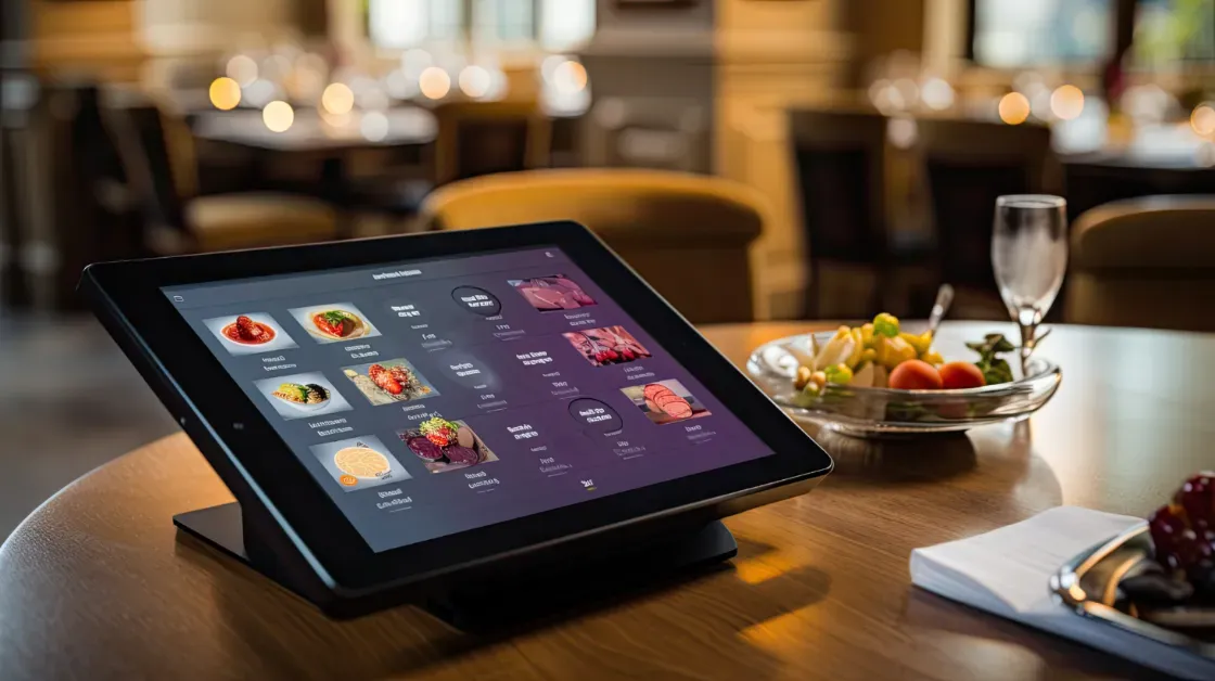 Hotel restaurant staff managing guest orders and restaurant operations using digital technology