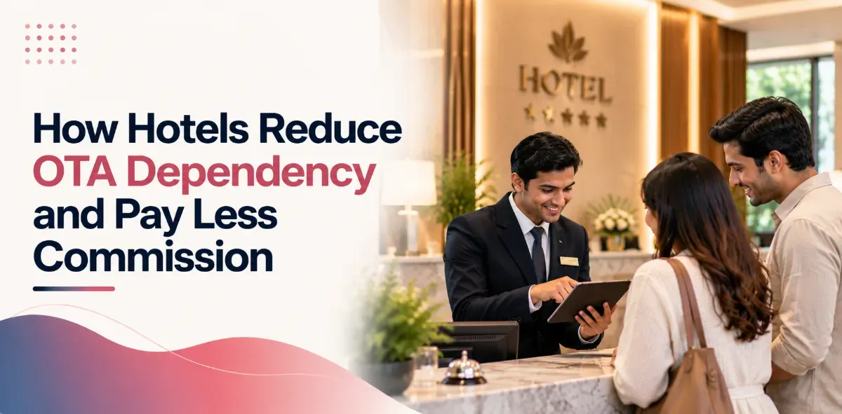 Hotel front desk team helping guests, banner for how hotels reduce OTA dependency and pay less commission
