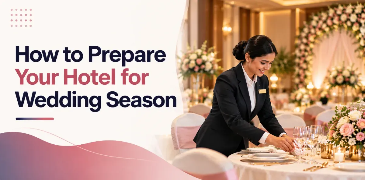 Hotel staff member setting up a banquet table for wedding season