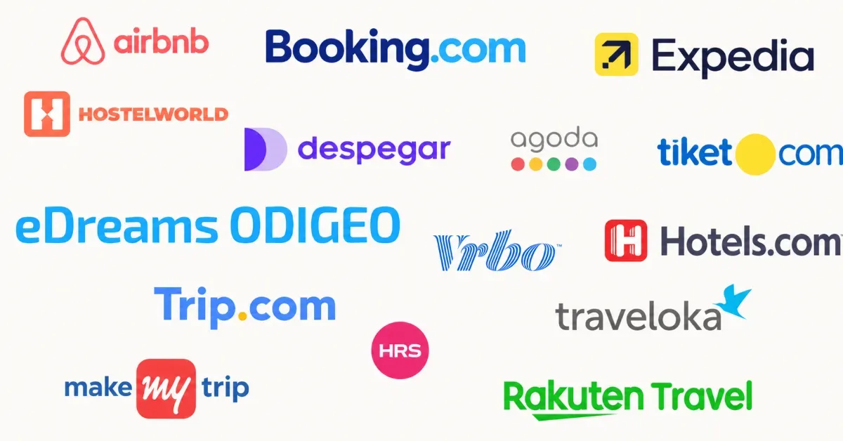 Logos of OTAs like Booking.com, Expedia, Airbnb, Agoda and Hotels.com that hotels pay commission to