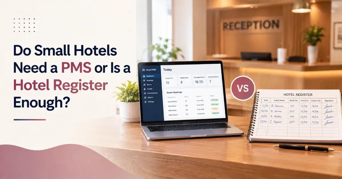 Comparison of hotel PMS software on a laptop and a traditional hotel register for small hotel management.