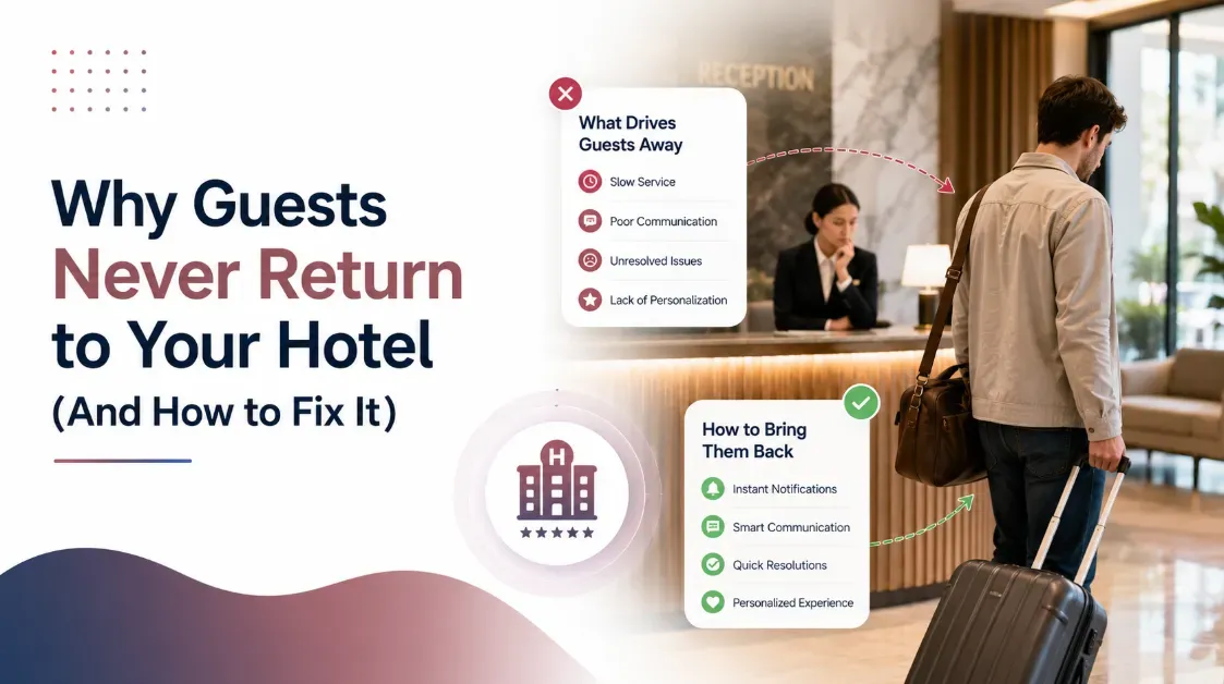 Hotel guest leaving a reception area with luggage while service issues and guest experience solutions are highlighted