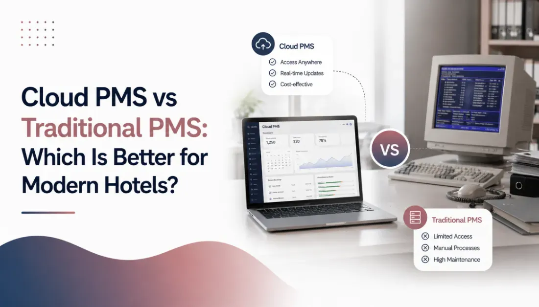 Cloud PMS vs traditional PMS comparison showing modern cloud-based hotel management and older manual systems.