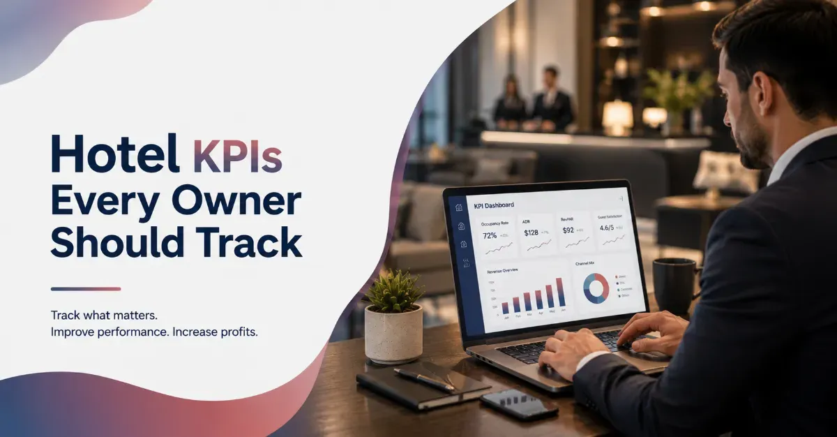 Hotel owner reviewing a KPI dashboard showing occupancy, ADR, RevPAR, guest satisfaction, and revenue metrics