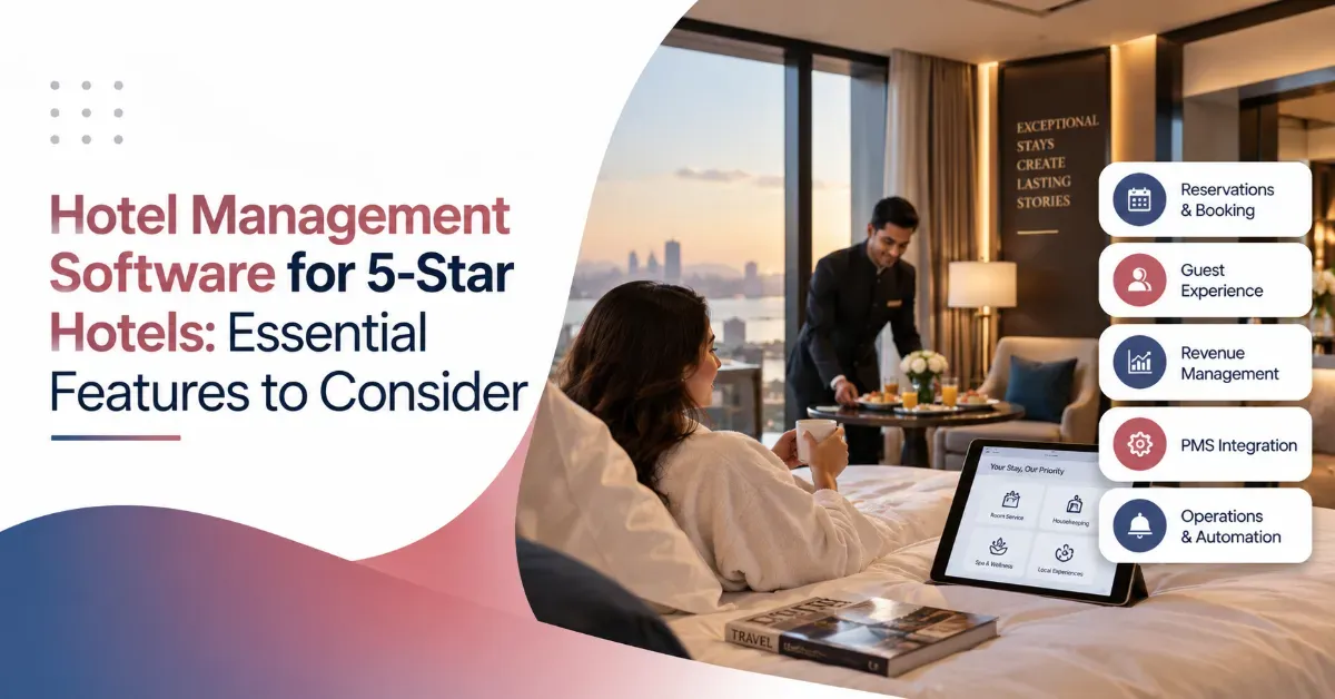 Hotel management software for 5-star hotels featuring guest experience, reservations, revenue management, PMS integration, and operations automation.