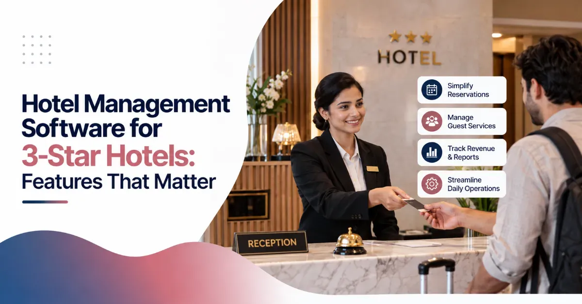 Hotel management software for 3–5 star hotels with features for security, guest services, room booking, and streamlined operations.