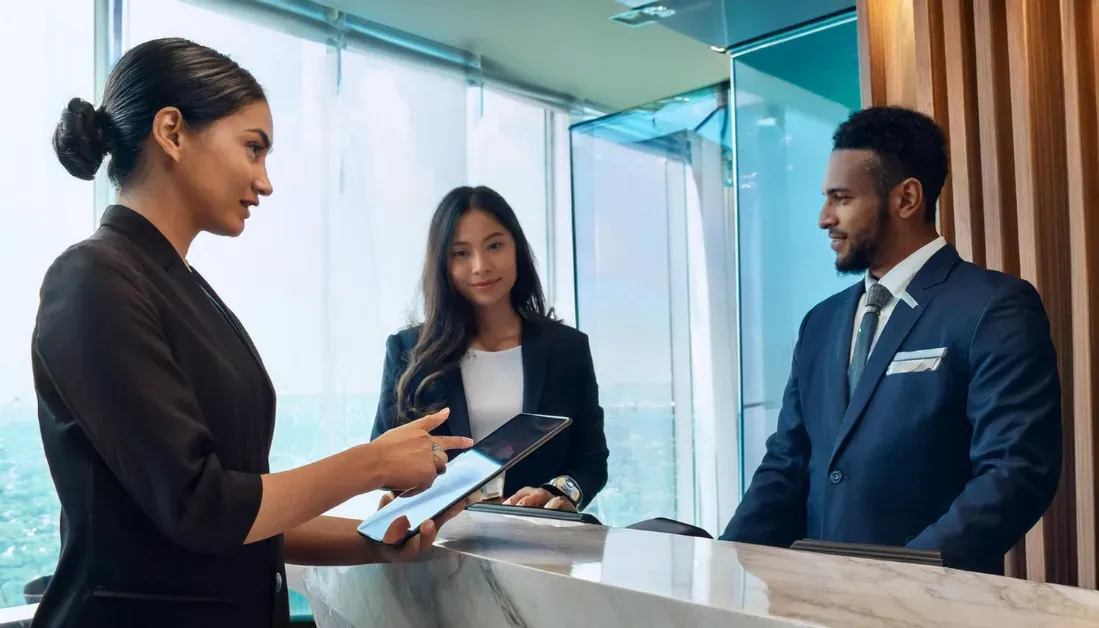 Hotel staff assisting a guest at the front desk while managing digital check-in and hotel operations.