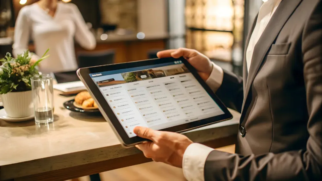 Hotel staff member using a tablet to manage hotel bookings and online travel agency reservations