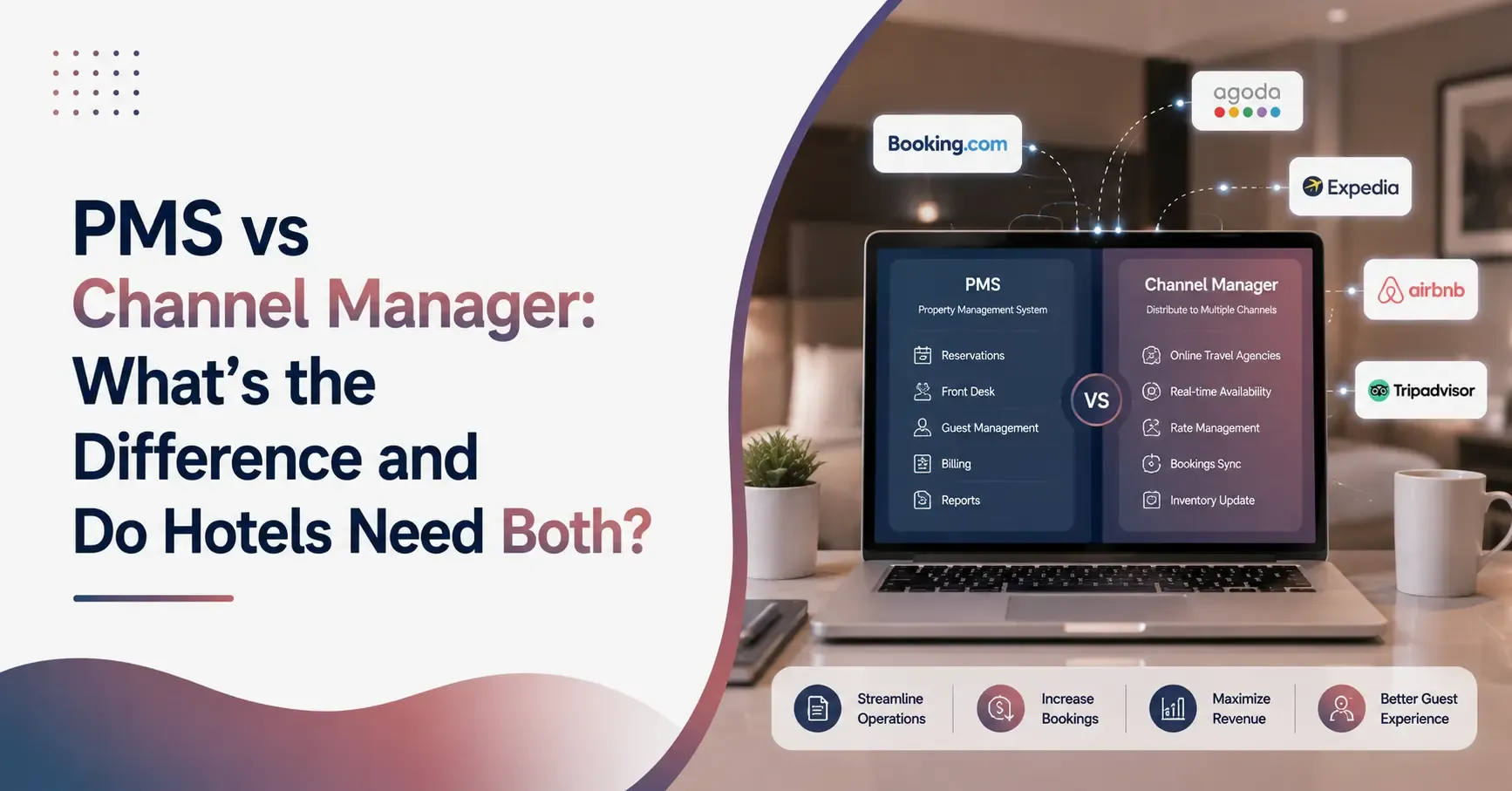PMS vs channel manager comparison showing hotel management features and online booking channels