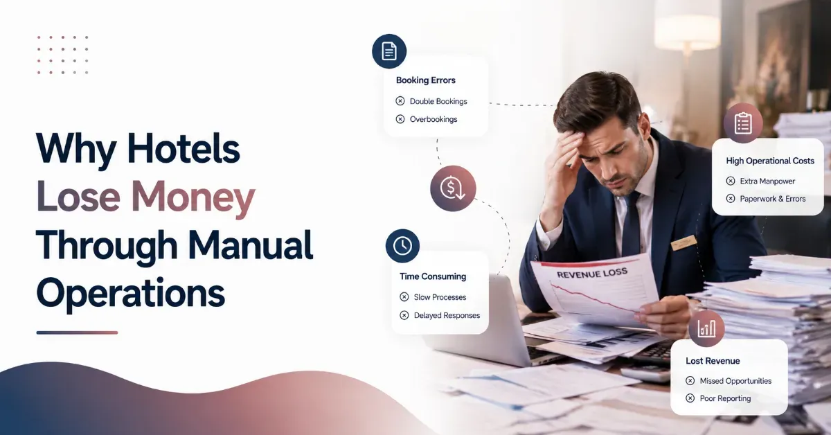 Why hotels lose money through manual operations, showing booking errors, high operational costs, time-consuming processes, and lost revenue.